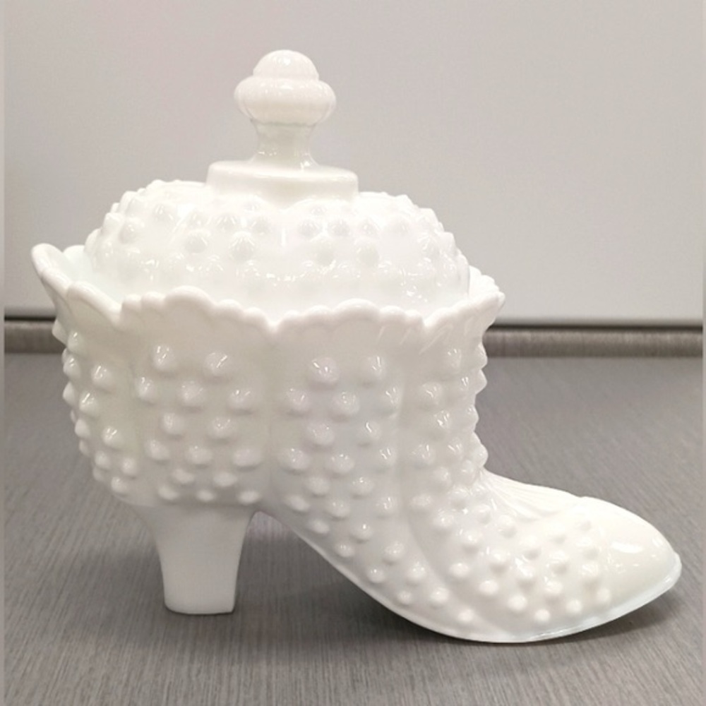 Vintage Fenton Hobnail Shoe Dish with Lid Cute White Milk Glass Boot Candy Jar
